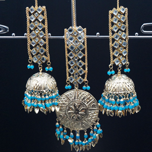 Ohas -White Kundan/Turquoise Beads Earring Tikka Set - Gold